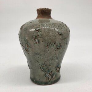 Vintage Small Brutalist Ceramic Vase Crackle Glaze & Rustic Green 4.5"